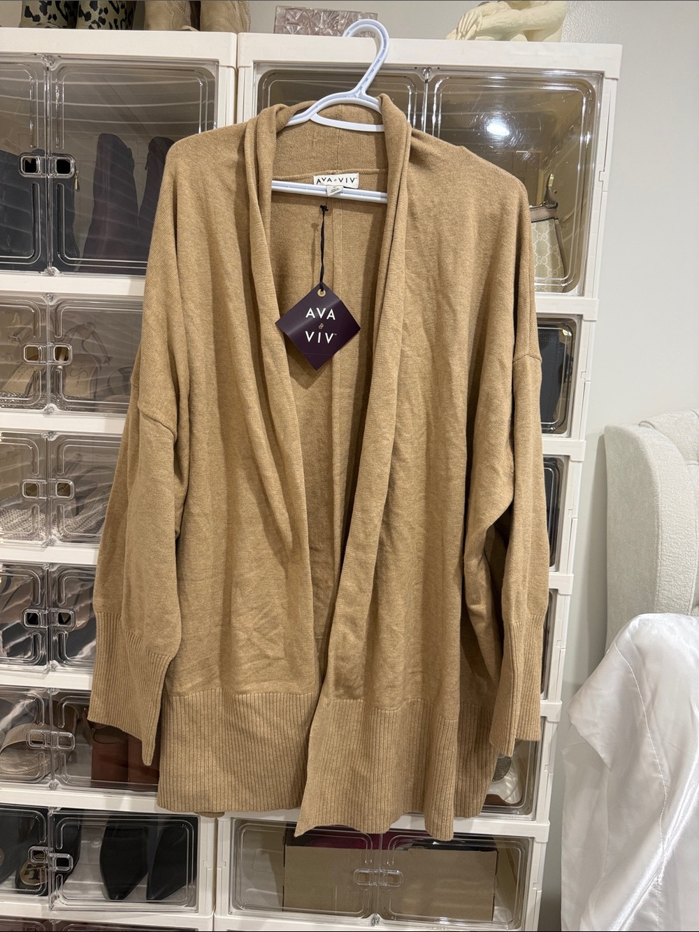 Ava & Viv Camel Open-Front Draped Cardigan